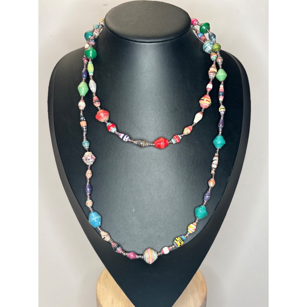 Beads for Life Vintage Handcrafted Paper Bead Long Necklace Multi-Color 38"